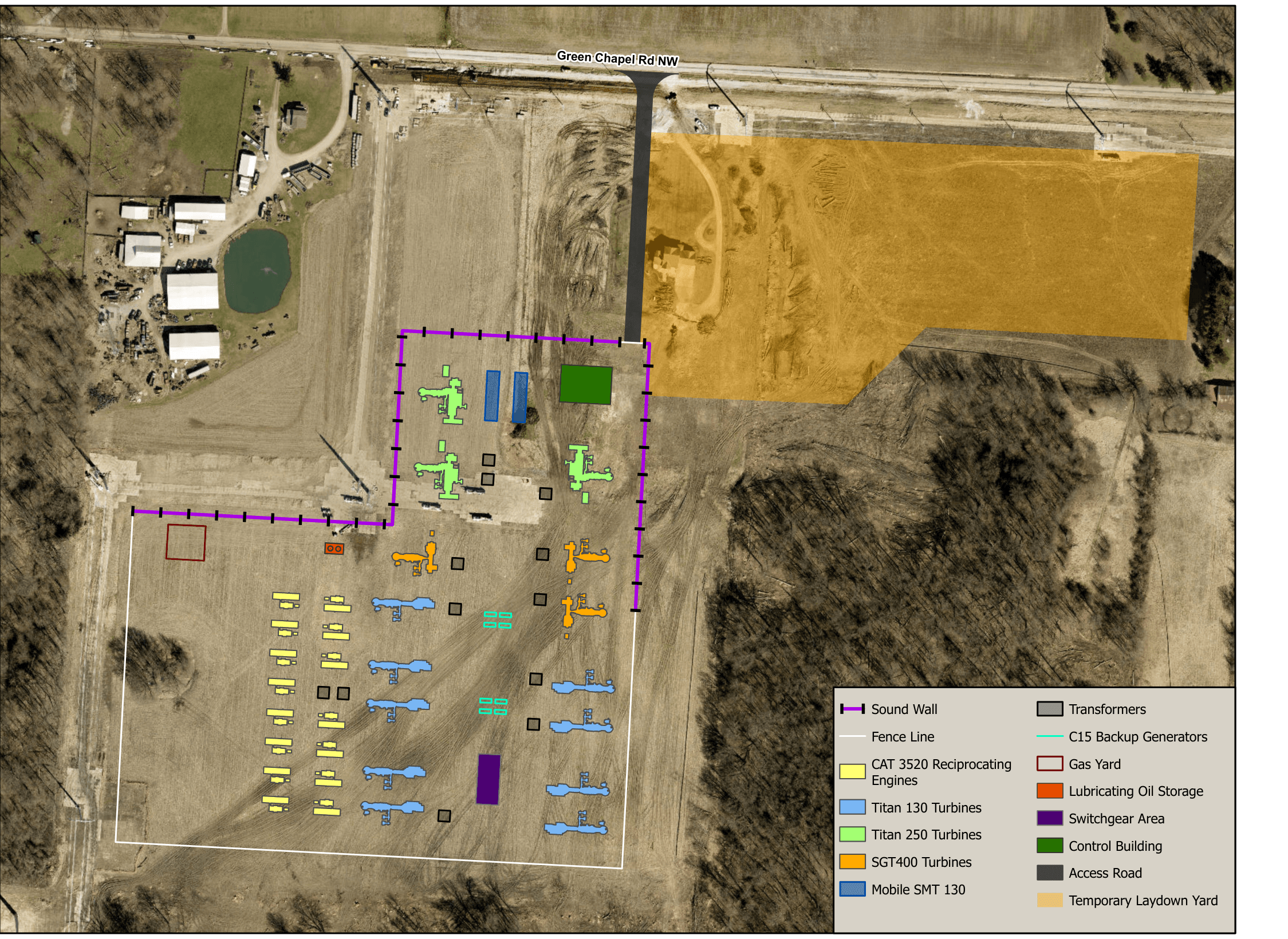 Site plan of Williams' Socrates North power plant in New Albany, Ohio, overlaid on satellite imagery in the OPSB staff report for case 25-0188-EL-BGN, showing rows of CAT 3520 reciprocating engines, Titan 130, Titan 250, and SGT-400 gas turbines, mobile SMT 130 units, transformers, C15 backup generators, a gas yard, control building, sound wall, fence line, and a temporary laydown yard off Green Chapel Road NW