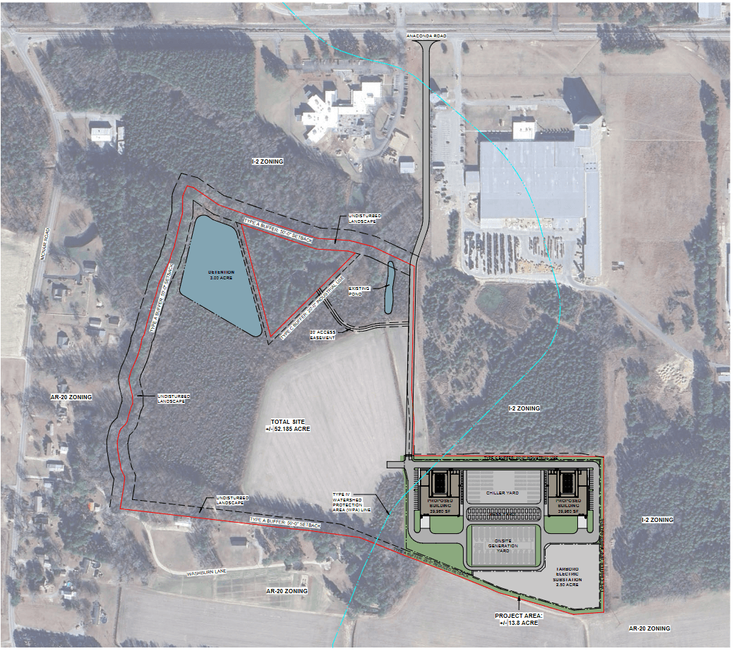 Site plan of the Tarboro Net Zero data center campus on aerial imagery, off Anaconda Road in Tarboro, North Carolina, showing the project area with two buildings, a chiller yard, an on-site generation yard, a BESS yard, and the Tarboro electric substation.