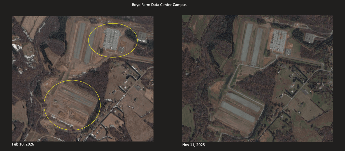 Side-by-side satellite comparison of Microsoft's Boyd Farm data center campus in Catawba County, North Carolina, dated November 11, 2025 and February 10, 2026, with a new electrical substation cluster and freshly graded building pad in the south of the campus circled in the later image