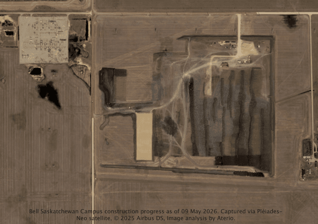 Pléiades-Neo satellite image of Bell's AI Fabric data centre campus under construction in Sherwood, Saskatchewan, near Regina, on May 9, 2026, showing cleared and graded earth next to an existing SaskPower substation
