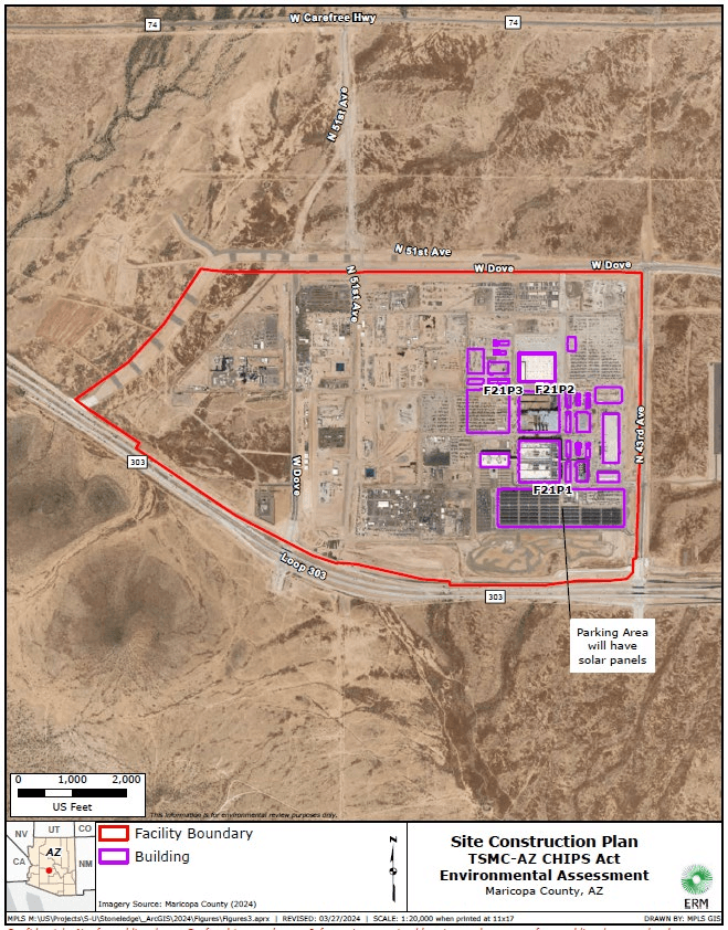 Site construction plan from the TSMC Arizona CHIPS Act Draft Environmental Assessment: the 1,129-acre north Phoenix campus outlined in red along Loop 303 and West Carefree Highway, with fab buildings F21P1, F21P2 and F21P3 and support buildings outlined in purple, and a parking area marked for solar panels