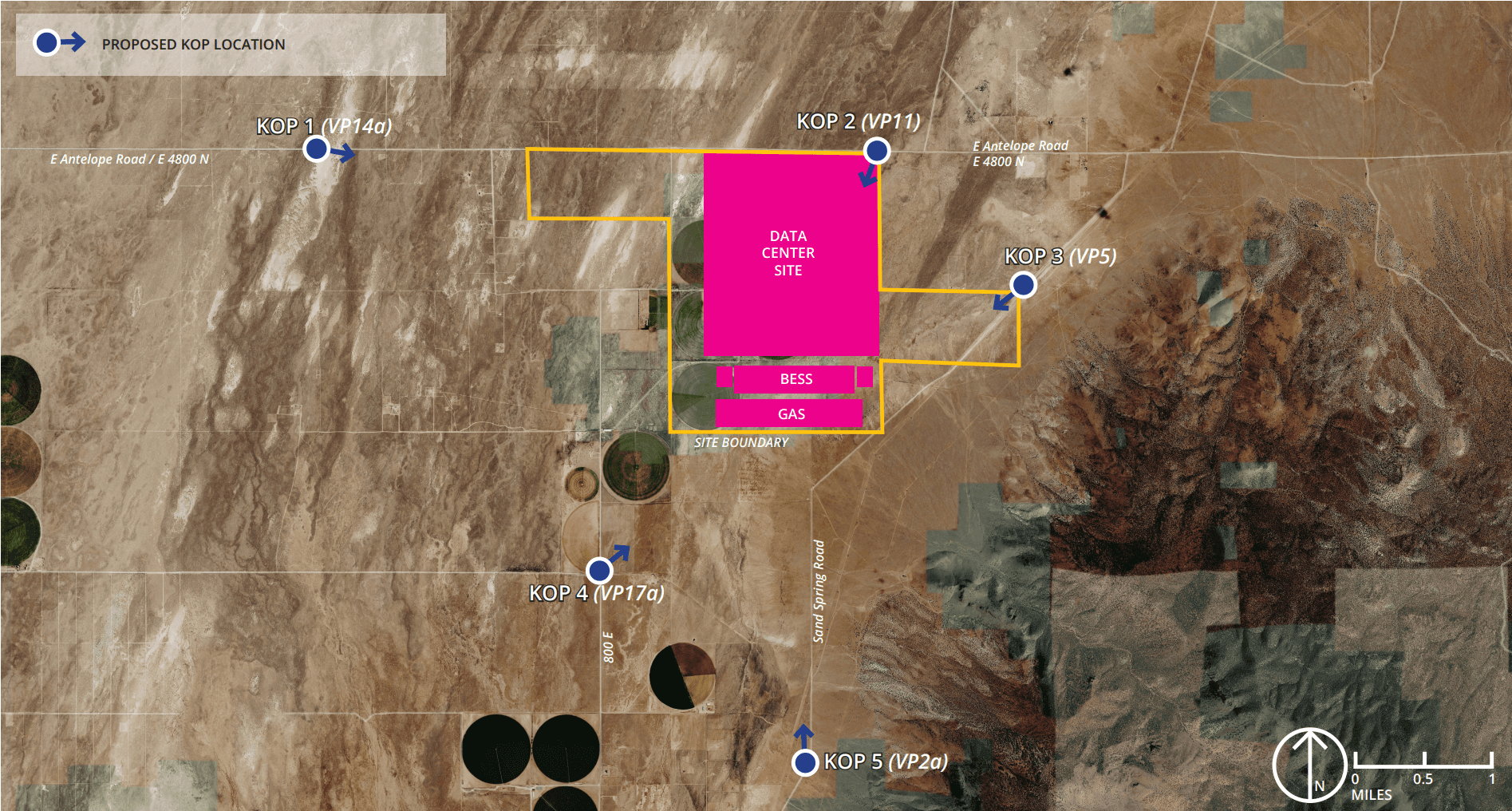 Site map of BrightNight's Red Butte project, the data center site with adjacent gas and BESS blocks inside the site boundary, near Antelope Springs Road in Iron County, Utah.